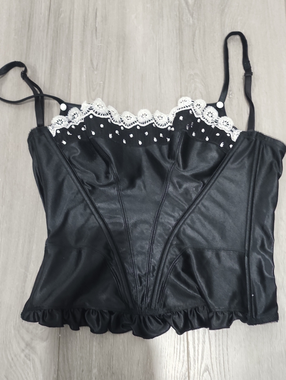 Black Lace-Trim Satin Corset with Ruffle Hem